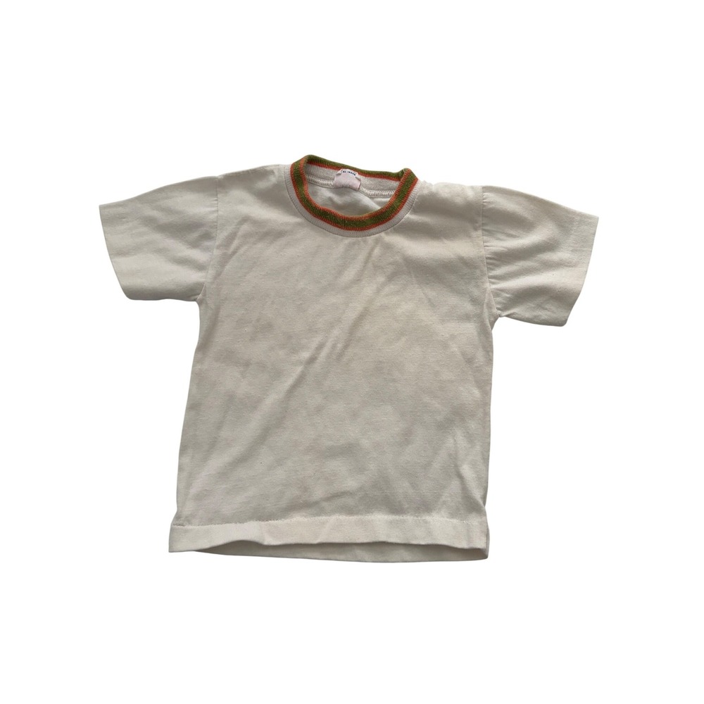 Van Dell T-Shirt Vintage Ringer White Orange Green Striped Trim Size 4 Retro 70s